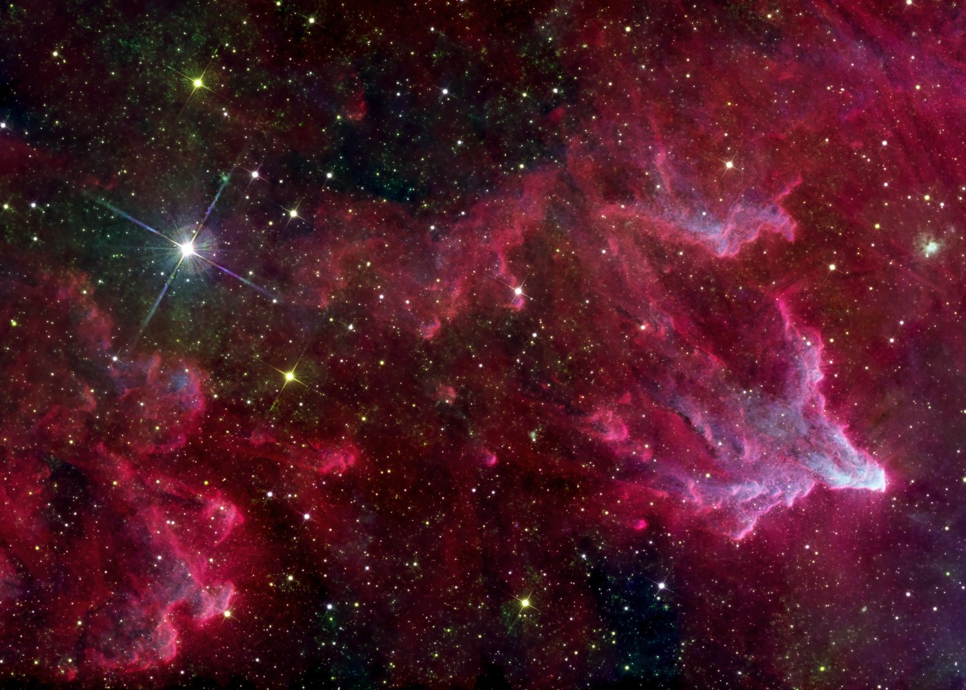 SH2-185 (gam Cas Nebula, Ghost of Cassiopeia) in H-alpha, near infrared and blue